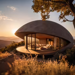 the inside of a round home sits on the hillside overlooking the countryside