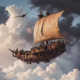 there is a boat flying in the sky