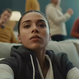 the girl in the white sweatshirt is looking at something