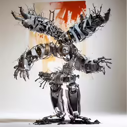 robot sculpture displayed on floor in white studio