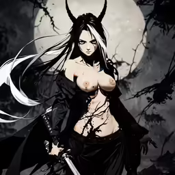 a female in the dark is holding a sword