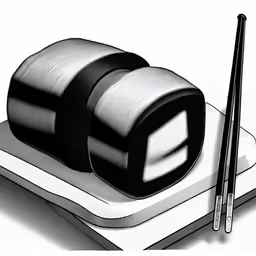 a black and white picture of a sushi dish and chopsticks