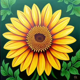 a large yellow sunflower with green leaves on a dark background,a painting of a yellow sunflower on a green background