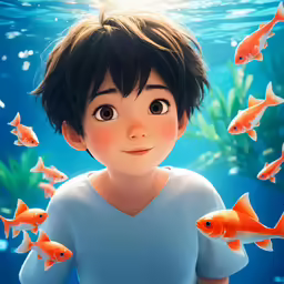 boy standing surrounded by red fish in underwater pool