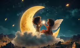 two little kids standing on the moon together