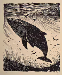 a picture of a dolphin in water,a drawing with a dolphin and seagulls in the background