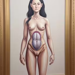 an image of a female figure with no underwear,this painting shows a woman without any breast, with no bra