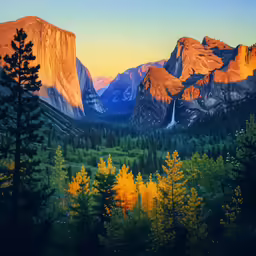 a painting of some mountains covered in trees