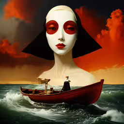 a woman with white face and red make up, in a boat,a woman
