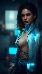 a woman in a metallic jacket posing for a photo