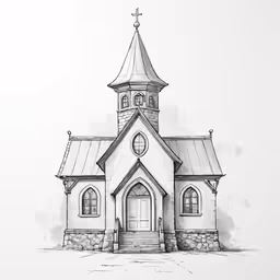 an ink drawing of a church on a white paper background