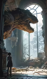 a young child looks at a dragon statue in a room
