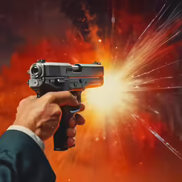 an illustrated image of a man aiming his gun with fiery background