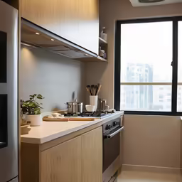 a kitchen area with white counters, wooden cabinets, and a stainless steel oven