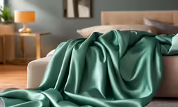green satin is being draped across a couch