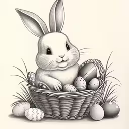 an easter bunny with eggs in a basket,a rabbit sitting in a basket with some eggs