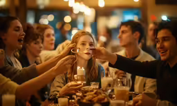a group of people are eating at the restaurant