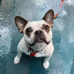 the dog is standing on the wet floor