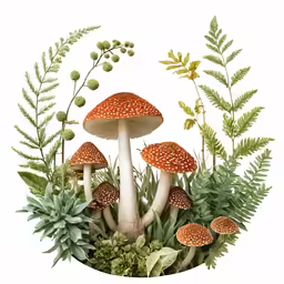 mushrooms and ferns are surrounded by green leaves