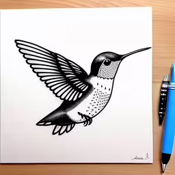 a picture of a bird flying next to a blue pen,a drawing of a hummingbird that is flying by a pen
