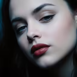 a model with long black hair and red lipstick