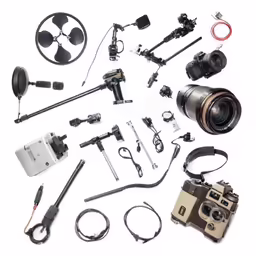 various cameras including a camera, flash and lens