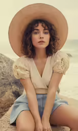 a girl with long hair wearing a brown hat and sitting on a rock