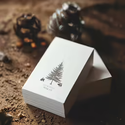 small card showing a single pine tree printed on the front