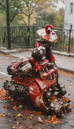 the red motorcycle is knocked over by leaves