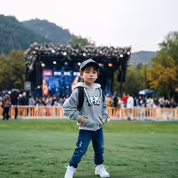 there is a young boy standing in a field
