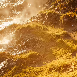 sunlight shining in the water behind some plants