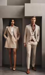 two models pose in front of an open wall, in matching outfits