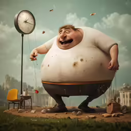 a man with one foot on a round object and an alarm clock on the other