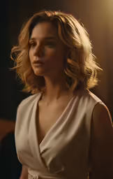 a woman wearing a white dress looks off to the side