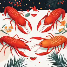 a plate of craws and palm leaves with some blue water