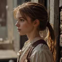 a woman standing in a building with one ear tied