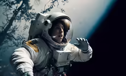 a man with an astronaut suit stands in a dark room
