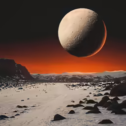 an icy desert area has rocks on the ground, as an orange and purple sky sits near mountains