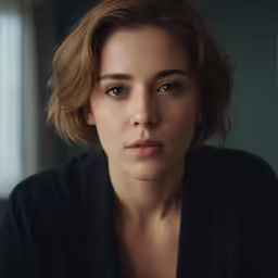 a close - up of a young woman with brown hair in a dark room