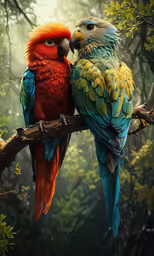 two parrots sitting on a branch in the middle of a forest