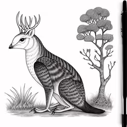 a pen drawing of a bird in the grass,an ink drawing of a bird sitting next to trees