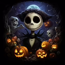 a halloween skeleton with two jack o lantern pumpkins in front of it