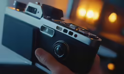 a person holding up a black and white camera