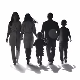 a family of four walking together down a street