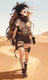 a woman walking across a desert field carrying luggage