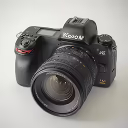 a digital camera on a white background with a lens attached to the back