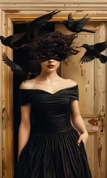 a woman wearing a long black dress with birds around her