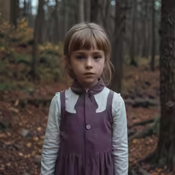 a young girl in a dress standing in the woods