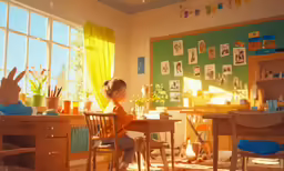a young girl sits at her dining room table
