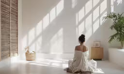 woman in white dress sitting on floor in corner with window